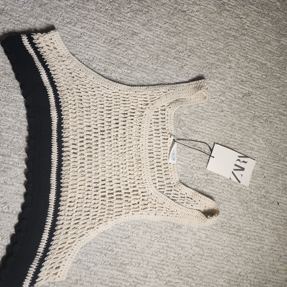 Zara Cream and Black Knit Tank Crochet